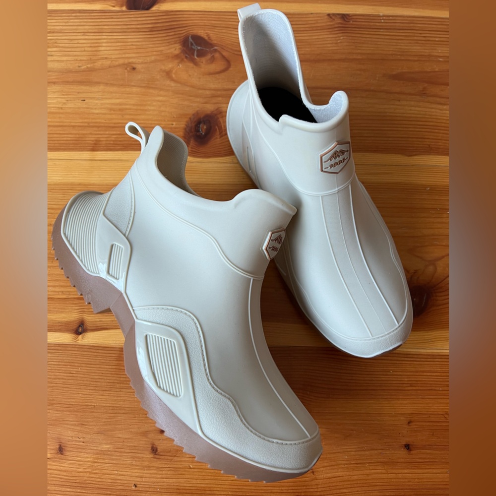 Women's Cream Waterproof Ankle Rain Boots with Tan Outsole